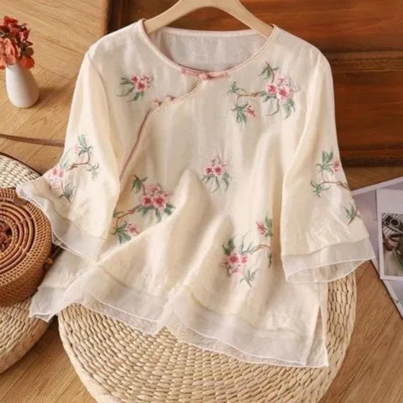 New Style Loose Literary Summer Fresh Retro Embroidered High-end Temperament Button-up Shirt Top