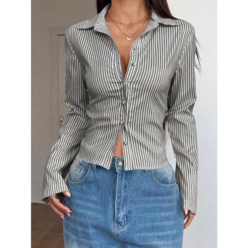 Women's Blue White Striped Button Down Shirt Long Sleeve Bell Sleeve Crop Top Casual Blouse
