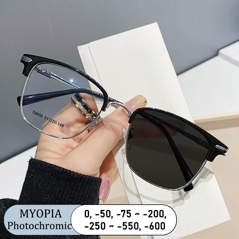 Brand Optical Women Prescription Square Eyebrows Frame Anti Blue Light Myopia Glasses Photochromic Eyeglasses Alloy