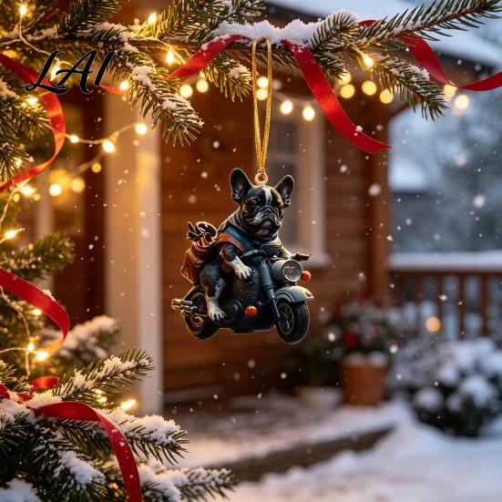 Acrylic Flat Pendant Puppy Riding Motorcycle Car Pendant 2D Rearview Winter Holiday Decor Mirror Hanging Charm Christmas Decoration Auto