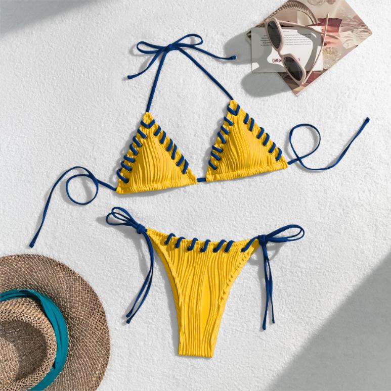 Women's Wave Ribbed Triangle Bikini Color Block Lace-Up Halter Tie Side Swimsuit
