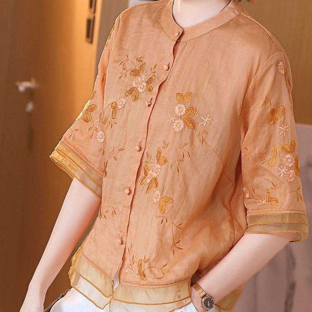 Vyšívaná košile se stojáčkem Letní tříčtvrteční rukáv Dámská volná halenka z bavlny