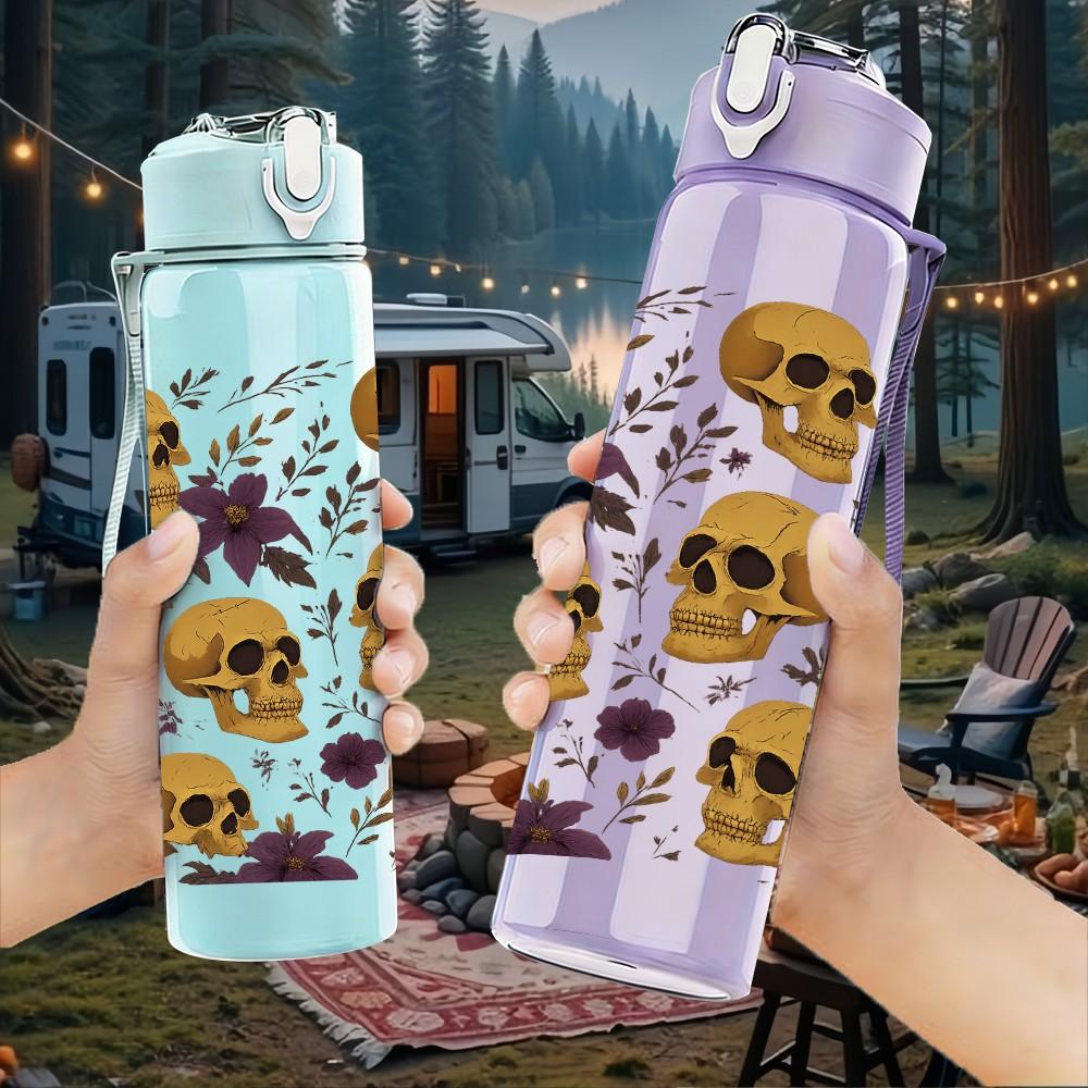 1PC Skull Dot Seamless Pattern Print 750ml Color Plastic Sports Water Bottle Leakproof Flip Straw Lid Suitable for Sports Office Home Use