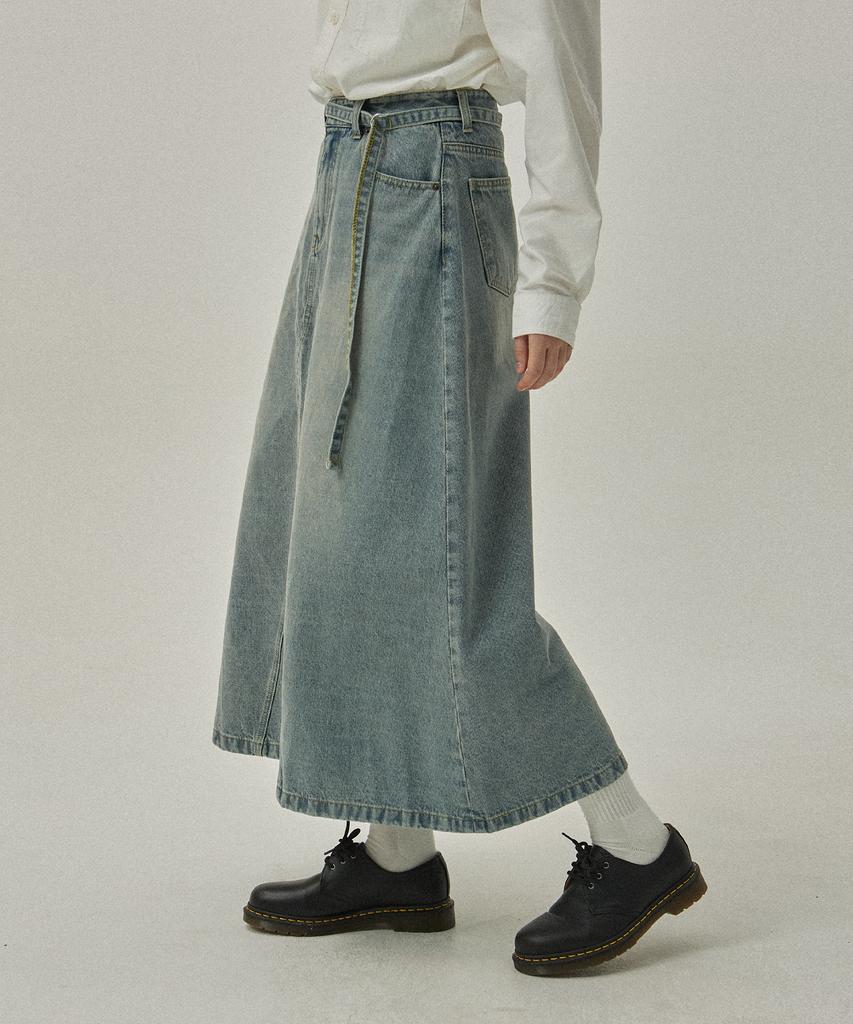 MAGOODGAN Lon As 7996 Belted Fadewash Light Indigo Denim Long Skirt