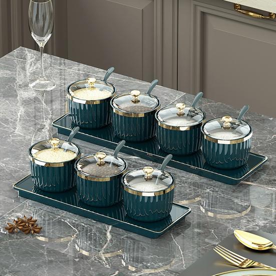 Spice Jars Independent Condiment Containers Transparent Acrylic Jars with Spoons Tray BPA-Free Plastic