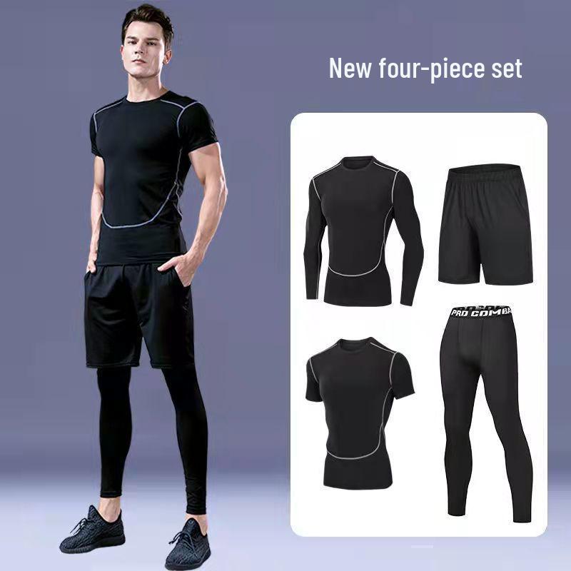 Pánské rychleschnoucí sportovní oblečení z ledového hedvábí s těsným střihem: Set s krátkým rukávem a pětibodovými kalhotami na letní fitness a běh