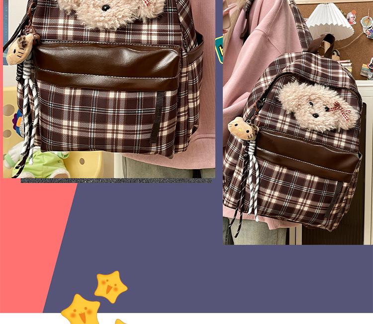 Retro-karierter Welpen-Rucksack im College-Stil für Herbst/Winter – stylische All-Match-Schultasche für Mädchen