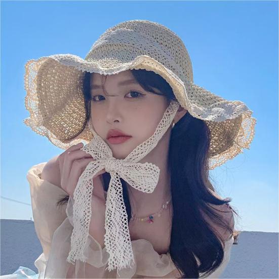 Women Straw Hat Wide Brim Breathable Straw Weaving Hat with Colorful Beads Decor Flexible Edges Sun Hat