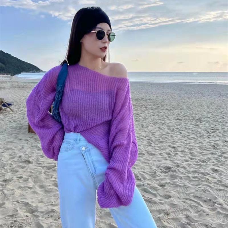 Spring Autumn Long Sleeve Knitted Thin Women Sweater Off Shoulder Simple Transparent Shirt Office Casual Fashion Elegant Loose Tops Solid Clothes