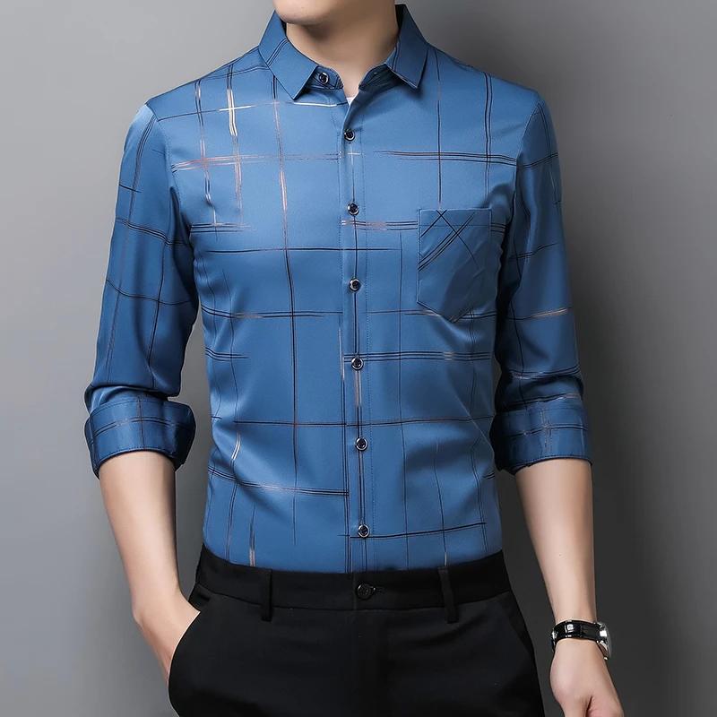 

New Men s Casual Printed Long Sleeved Lapel Shirt for Spring and Autumn Fashion Comfortable Wrinkle Free Top Without Ironing M небесно-голубой
