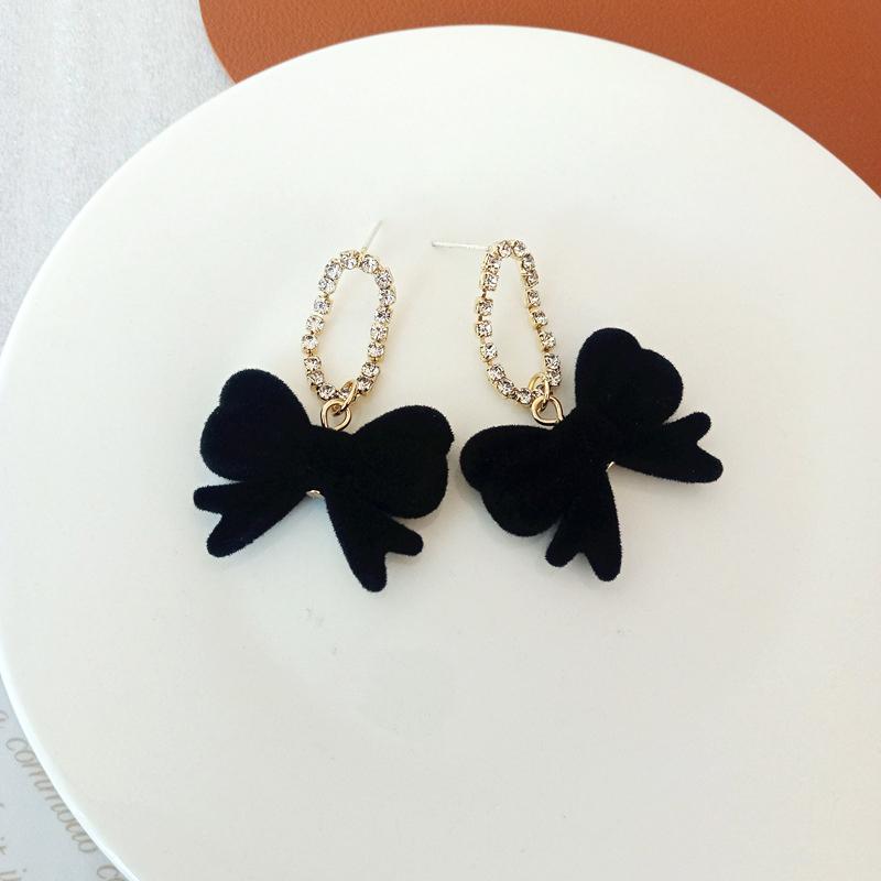 Black Dangle Earrings Crystal Square Pendants Women's Hanging Earrings Korean Bowknot Pearl Flower Earrings