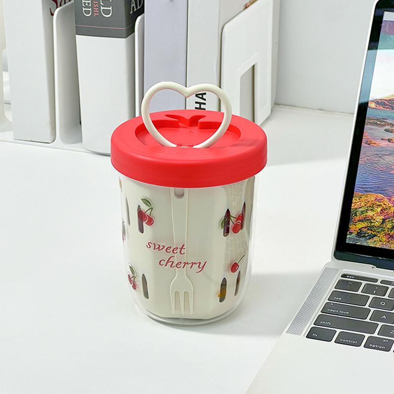 Double Wall Salad Cup Portable Leak Proof Oat Container With Fork&Handle Drain Fruit Cup Cute Breakfast Cup For Student