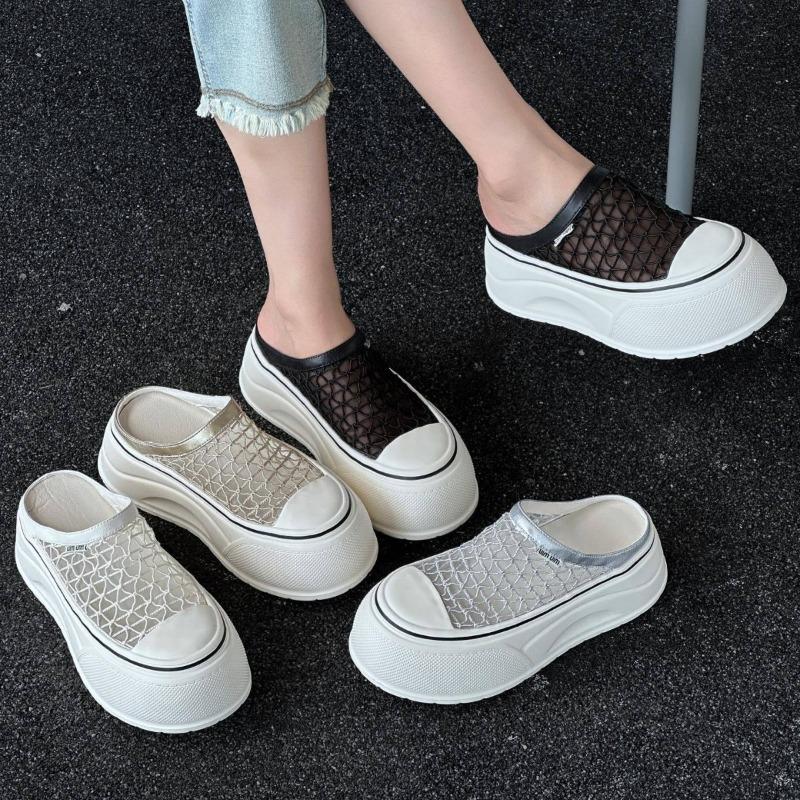 Summer new baotou mesh rhinestone slippers women's shell head outer wear thick bottom heightening muffin half slippers