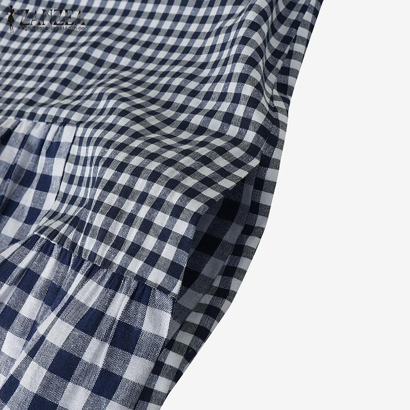 ZANZEA Women Plaid Print Summer Casual O-neck Half Sleeve Long Dress