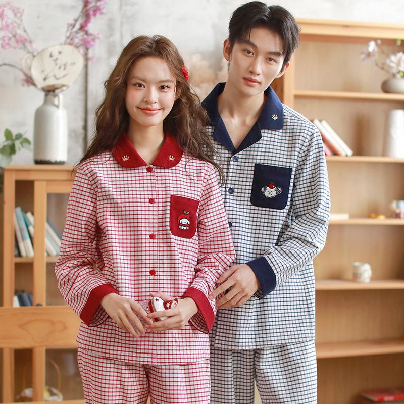 Autumn and Winter Pajamas Couple Cute Cartoon Cotton Polished Men and Women High-end Embroidery Casual Long-sleeved Suit