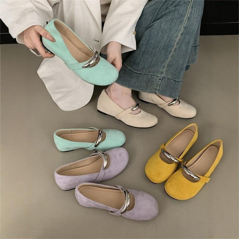 Inner Height Increase Round Head Shallow Mouth Single Shoes Female Retro Fairy Gentle Beanie Shoes Female Soft Sole Yellow Ladyshoes