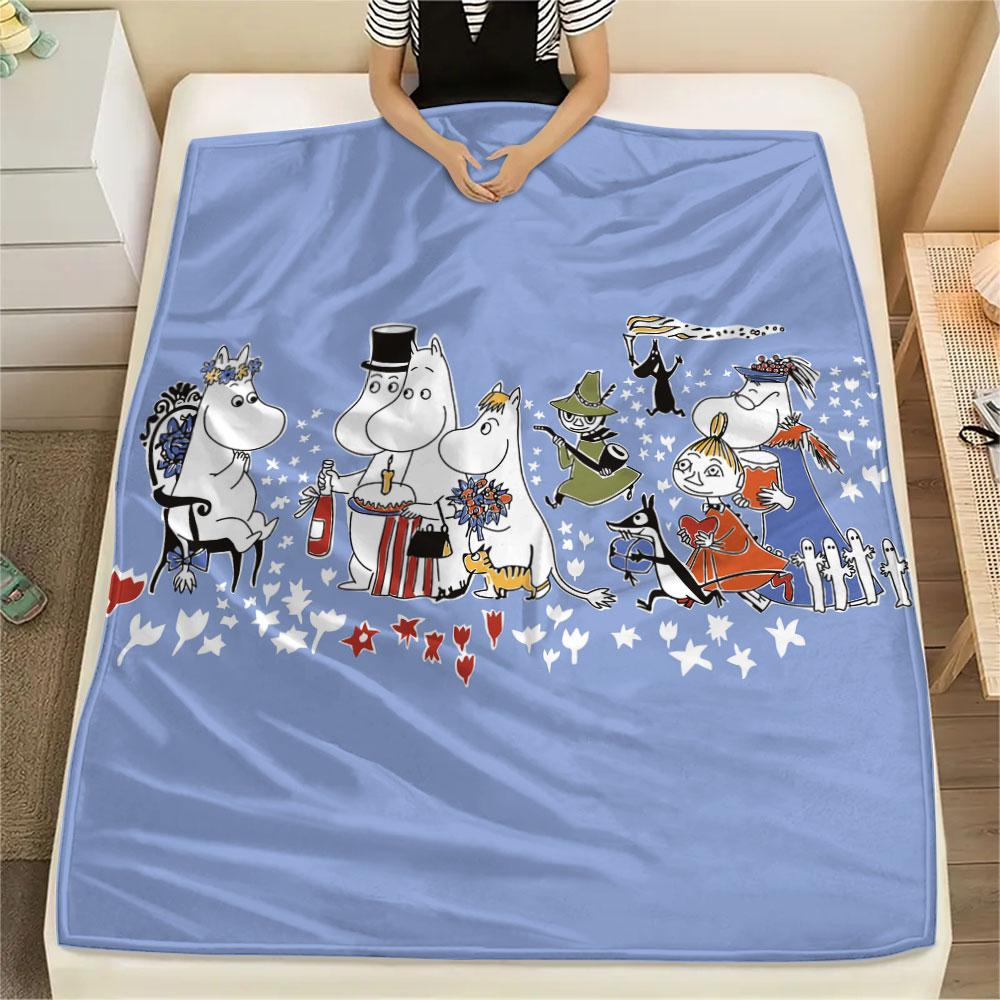 Moomin Printed Flannel Blanket, soft throw for bedroom sofa, washable, fan merchandise, great gift.