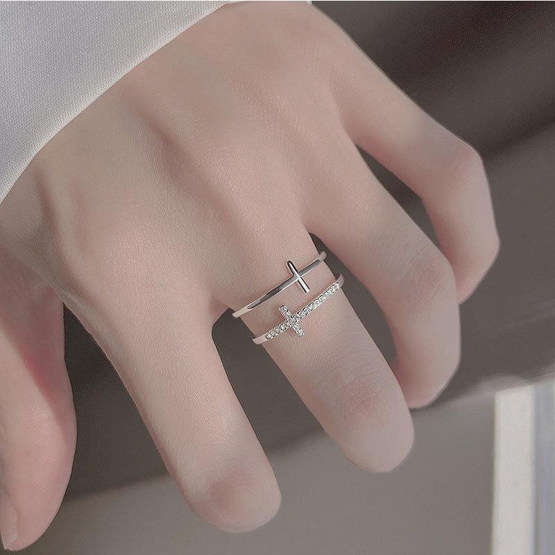 New Seiko Cross Double Layer Ring for Women's Niche Design Ins Cool Style Fashion Versatile Non Fading Open Ring