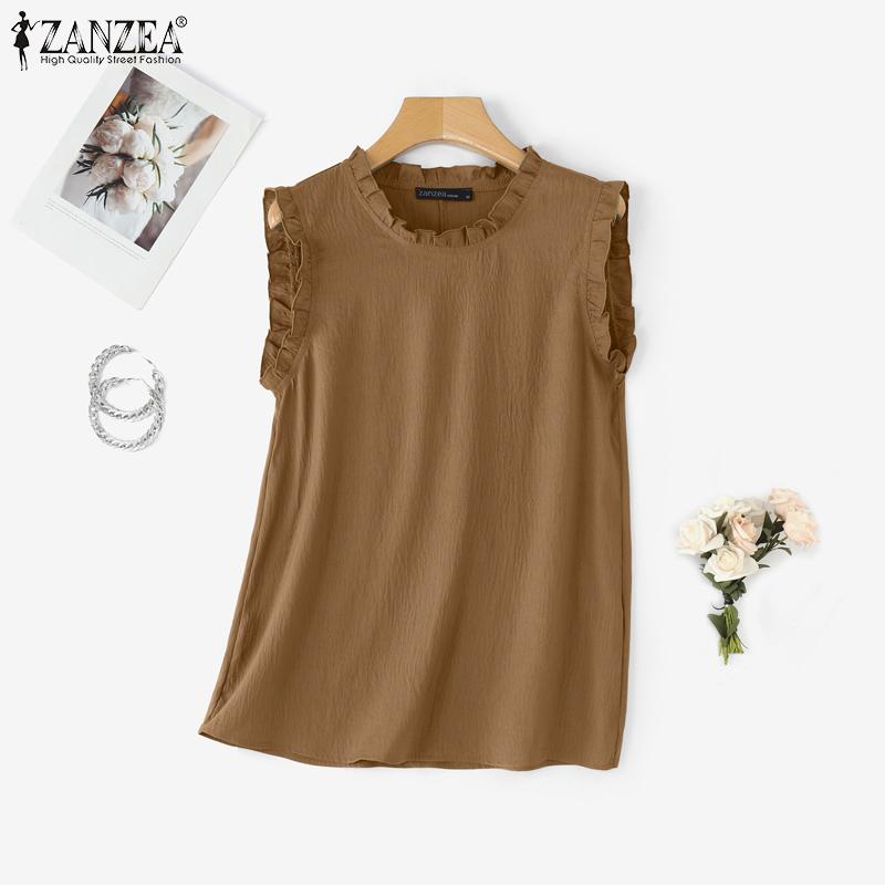 ZANZEA Summer Women Sleeveless Ruffled Casual Loose Tank Tops