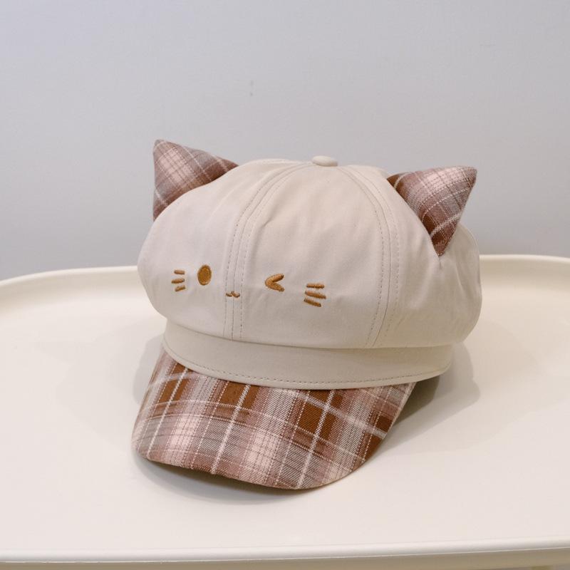 Plaid three-dimensional cartoon embroidered octagonal hat lady cute newsboy hat girl shade beret hat