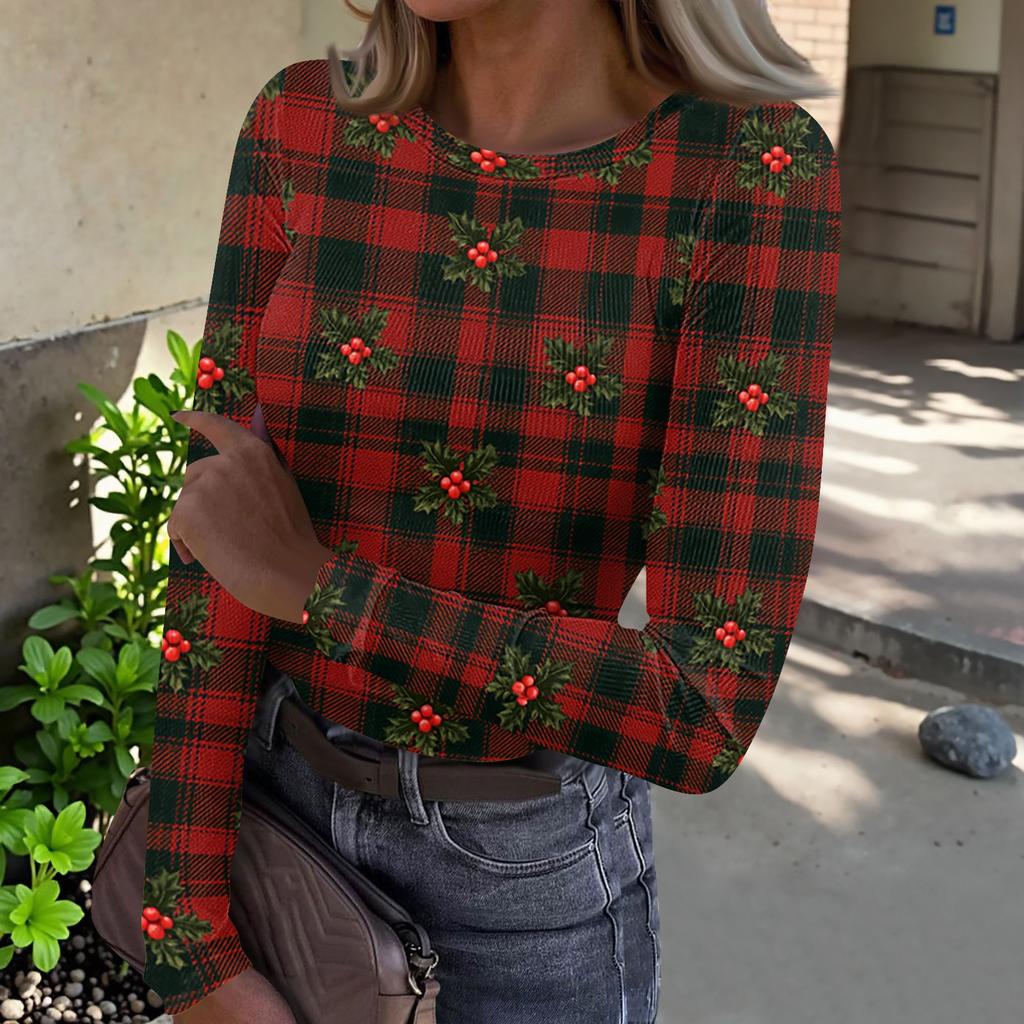 Women's Casual Long Sleeve Ribbed Neck Christmas Print Pullover Top