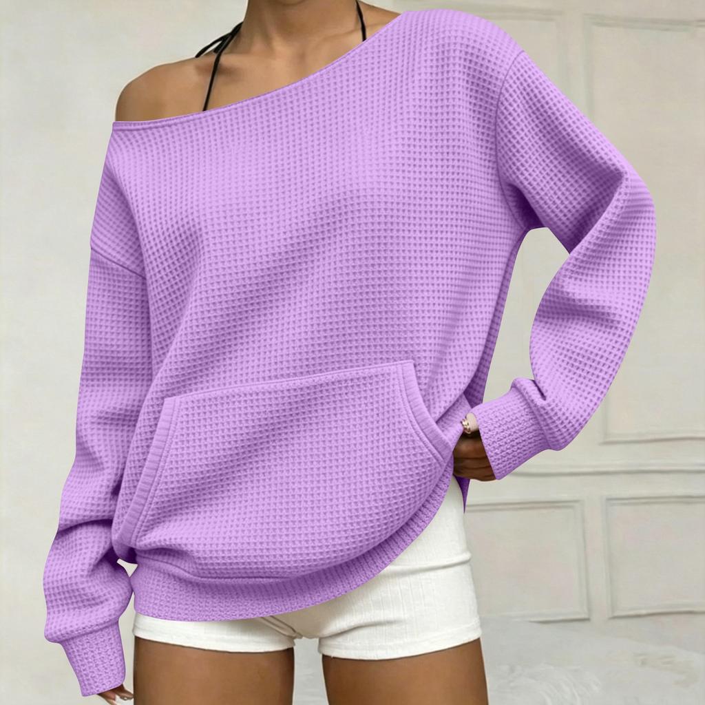 Women's Fashion Casual Off-Shoulder Long Sleeve Knit Sweatshirt with Pockets