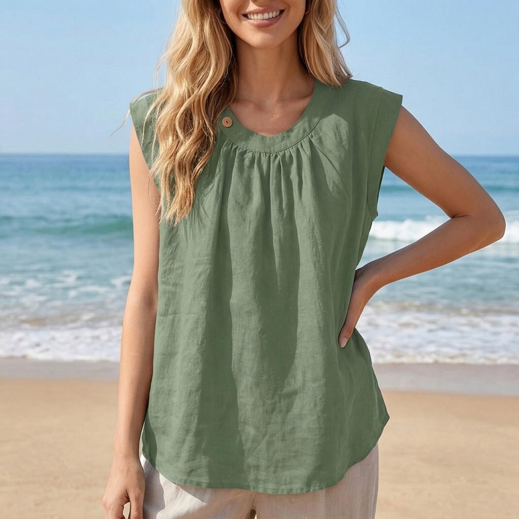 Sleeveless Loose Fit Linen Blouse for Women Casual Round Neck Solid Lightweight Summer Top Shirt