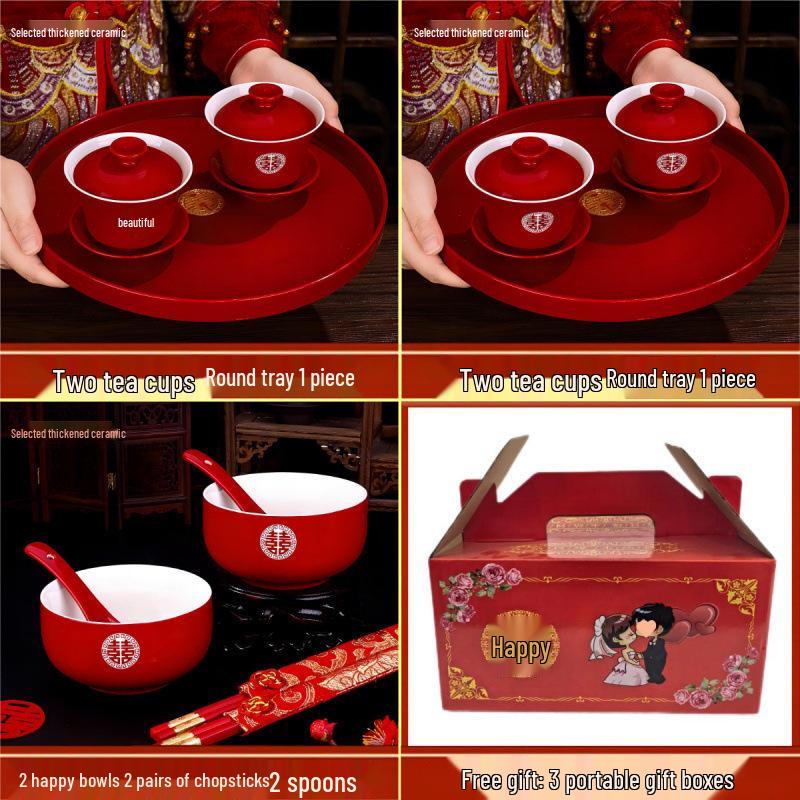 Red Wedding Tea Set: Complete Cups, Lid, Bowl & Chopsticks Set for a Joyous Occasion