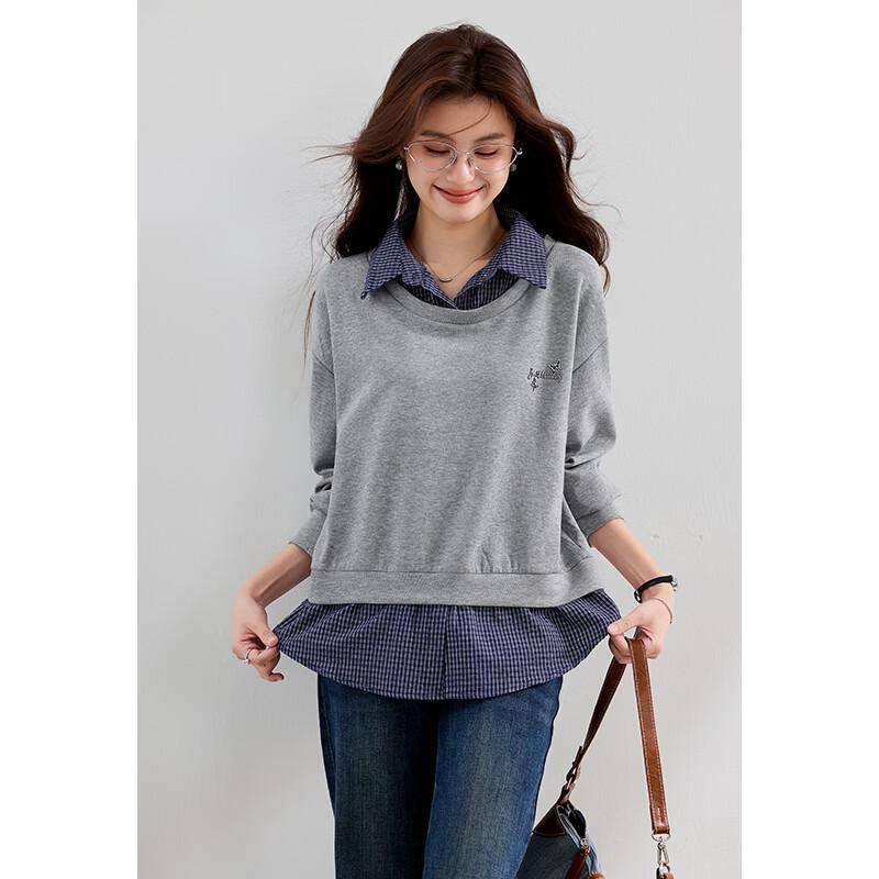 VICTORIA&VERA Women's Faux Two-Piece Plaid Sweatshirt