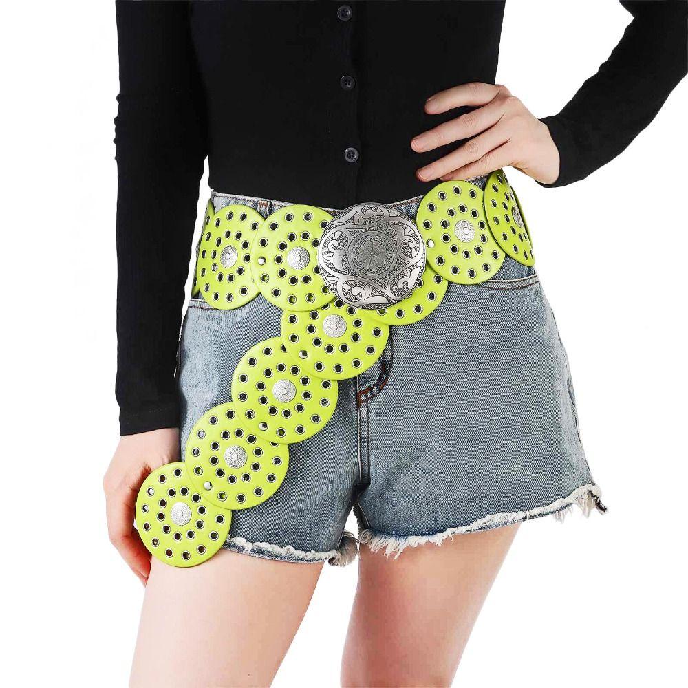 Exaggerated Cowboy Disc Belt Western Style Colorful  Wide Disc Belt Hollow Belt  for Women