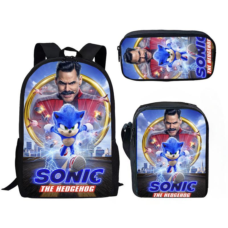 Sonic Backpack Set for Kids 3-Piece Anime Cartoon School Bag Boys Girls Lightweight Anti-Theft Bookbag with Pencil Case & Lunch Bag