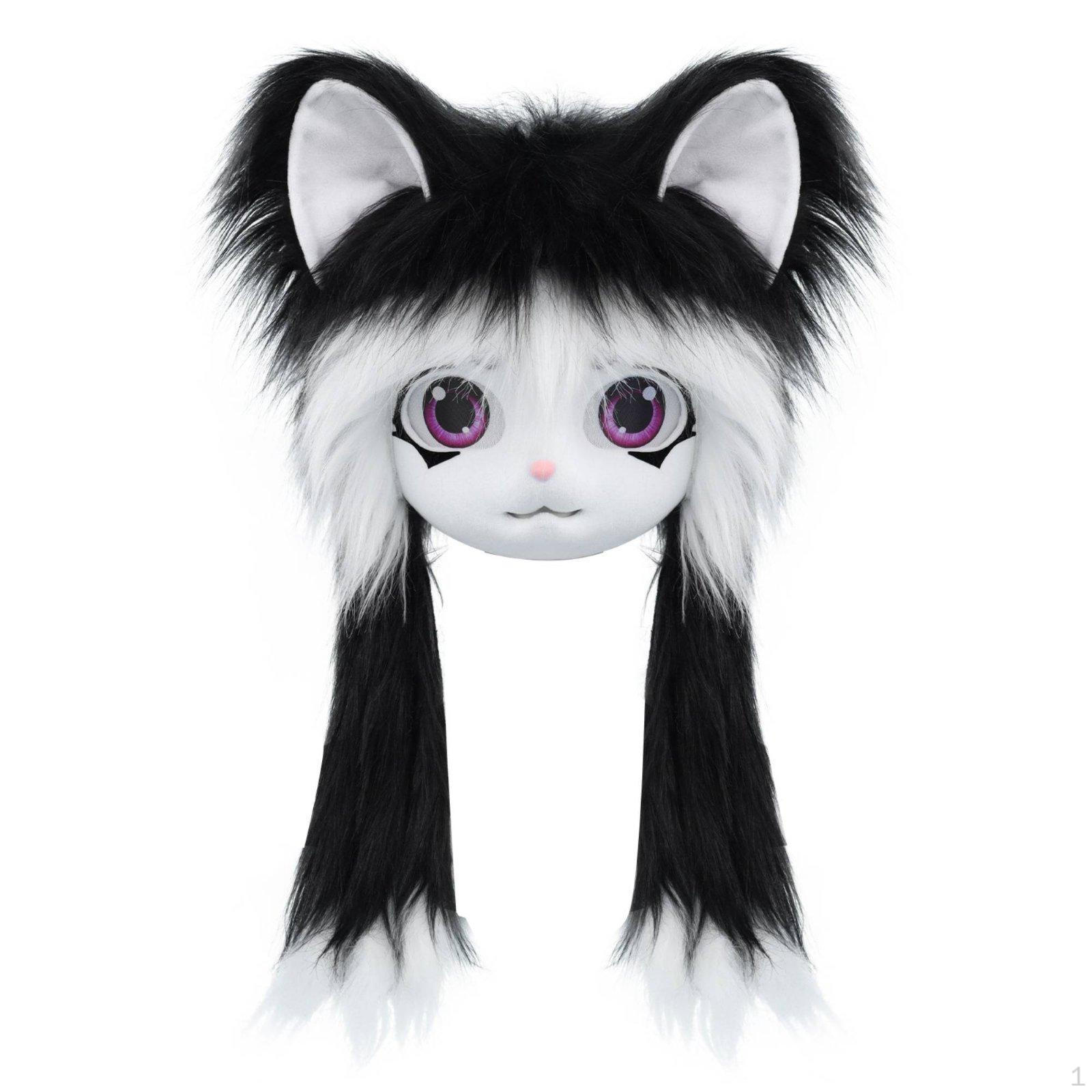 Furry Head Headpiece Cute Animal Hood Cosplay Cat Ear for Cosplayers, Convention, Black White
