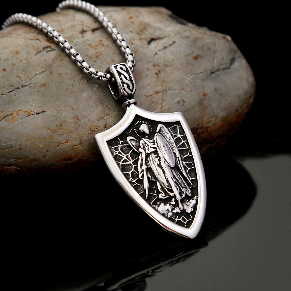 Archangel Stainless Steel Men s Retro Shield Pendant Necklace - European and American Fashion Jewelry Pendant Only