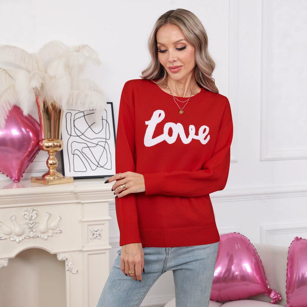 Europe, America Autumn And Winter New Women'S Sweater Christmas Letter Round Neck Pullover Knitted Sweater Top Women