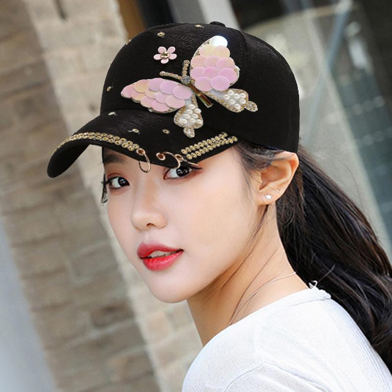 Spring And Summer Korean Version Butterfly Studded Diamond Baseball Cap Outdoor Women'S Sunshade Metal Three Ring Sun Hat