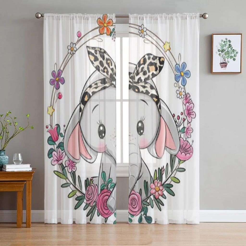 Cute Elephant With A Floral Wreath Tulle Curtain For Living Room Sheer Valance Curtain For Kitchen Bedroom Window Drapes
