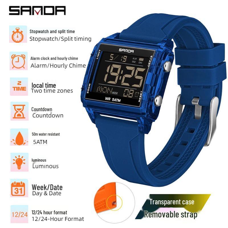 SANDA Men's Luminous Waterproof Sports Watch - Square Design with Multifunctional Countdown Timer