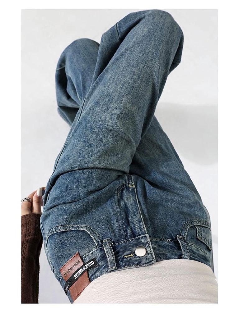 High-Waisted Leather Patch Wide-Leg Fleece-Lined Denim Pants for Women - 2026 Winter Style, Slimming and Warm Floor-Length Design.