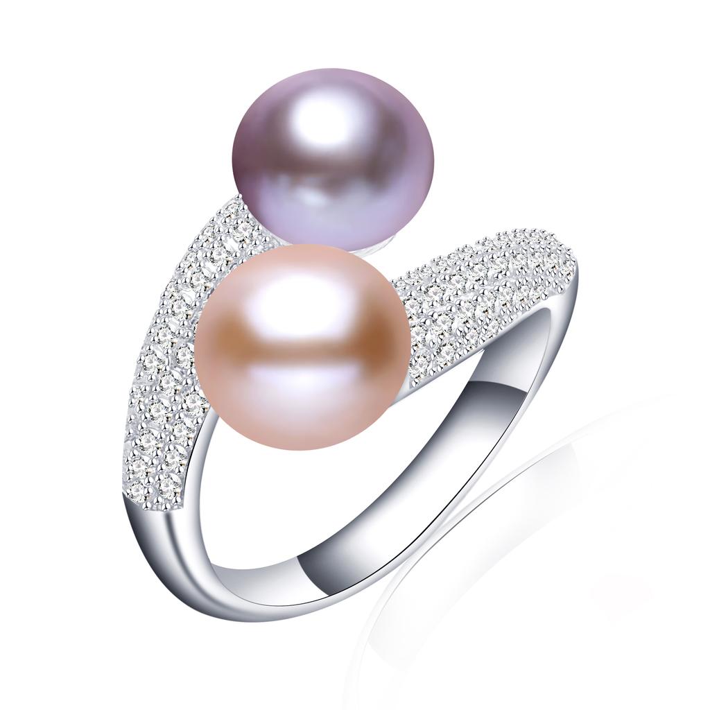 New Double Pearl Adjustable Natural Freshwater Pearl Original 925 Silver Zircon Women's Ring Fine Bridal Jewelry