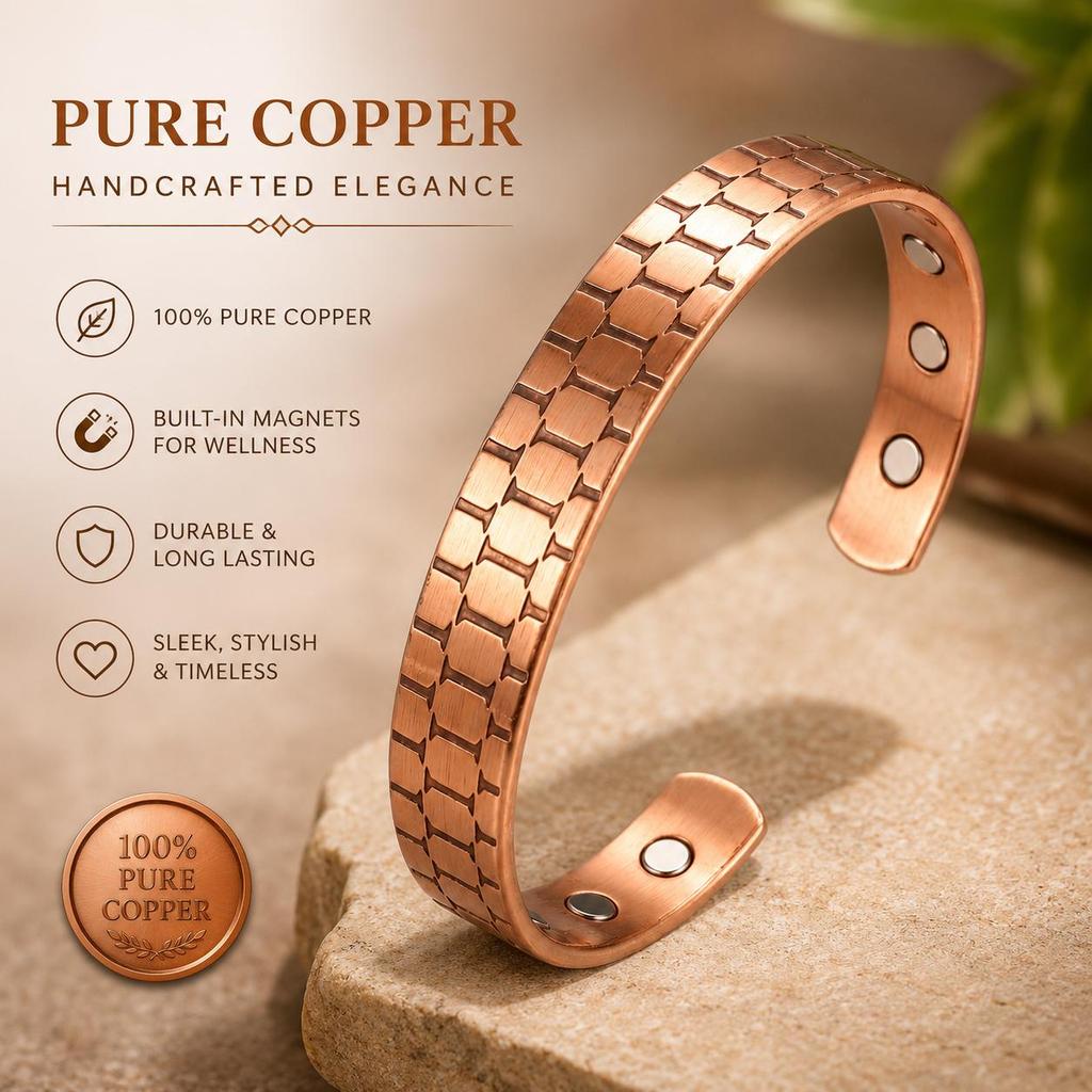 Magnetisches Kupfer Offenes Manschettenarmband für Damen & Herren Verstellbar Vintage Geometrisches Muster Armreif Eleganter Tägliches Trage Schmuck