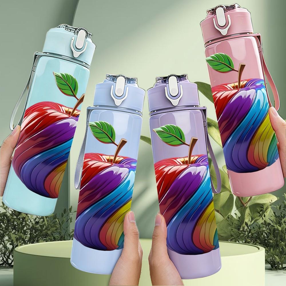 1PC Rainbow Marble Apple Fruit Print 750ml Color Plastic Sports Water Bottle Leakproof Flip Straw Lid Suitable for Sports Office Home Use