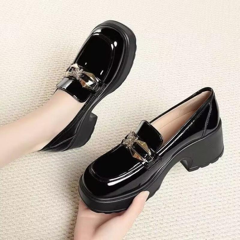 Loafers Women's 2025 Spring and Autumn New Mid-heeled British Leather Shoes Thick Heel Muffin Thick Sole Soft Sole High Heel Single Shoes