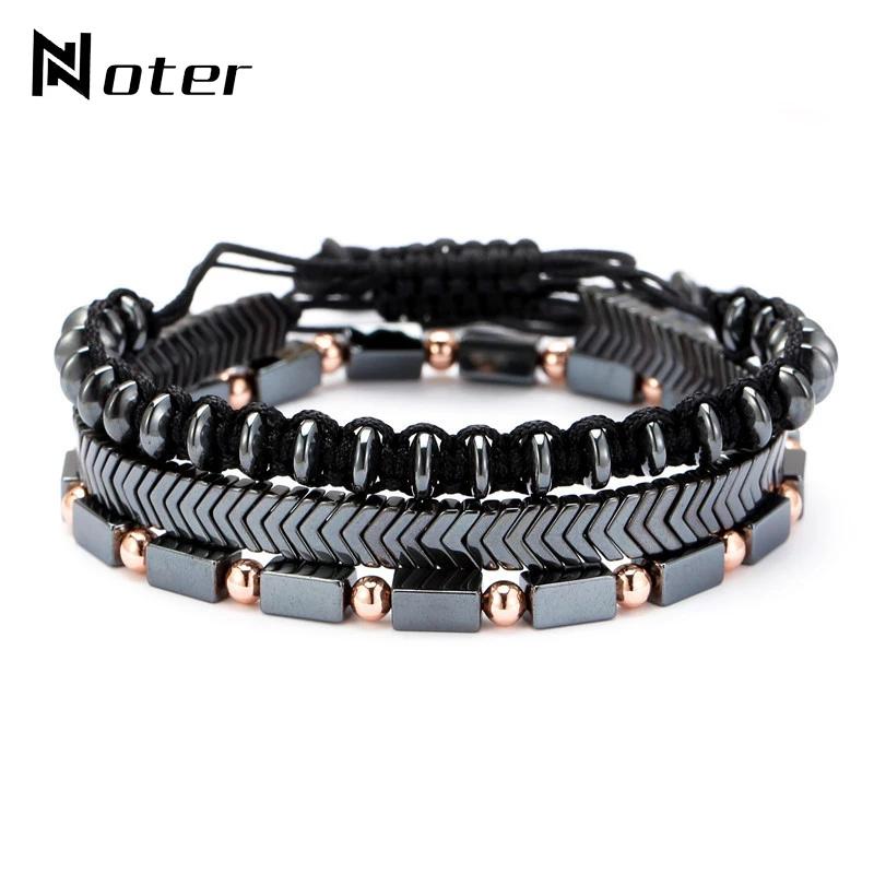 3Pcs Men Bracelet Set Handmade Weaven Braslet Natural Hematite Healing Braclet Stone Adjustable Father's Day Gift Wrap Pulseria