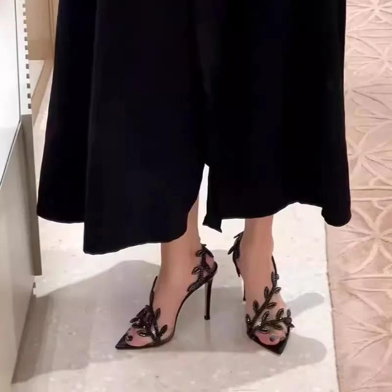 Women Fashion Sandals Designer Rhinestone Open Toe Pointed Toe Transparent High Heels Fine Heel One Strap Celebrity Women Shoes