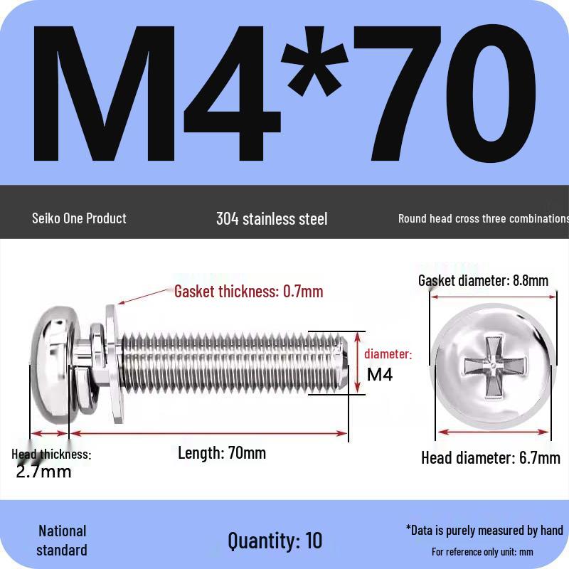 304 Stainless Steel Round Head Phillips Screw with Flat Washer (Sizes M3, M4, M5, M6)