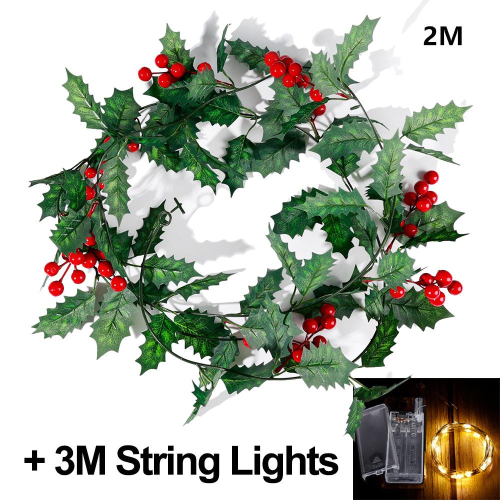 2M LED Christmas Garland Lighting Strings Artificial Red Berry Holly Leaves Ivy Vine for Christmas Tree Ornament Home Decoration
