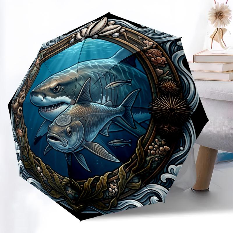Oceanic Predators pattern umbrella, portable and foldable design, 8 ribs, a casual accessory for Halloween, Christmas, and birthday gifts. разноцветный