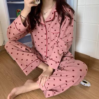 New Ins Loose Casual Pajamas for Women Simple and Sweet Long Sleeved Cardigan Pjs for Girls Home Two-piece Pajamas for Women