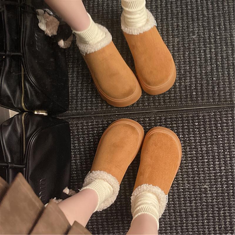 2025 Snow Boots for Women Cashmere Warm Platform Without Heel-covered Hair Half Slipper Cotton Shoes for Women