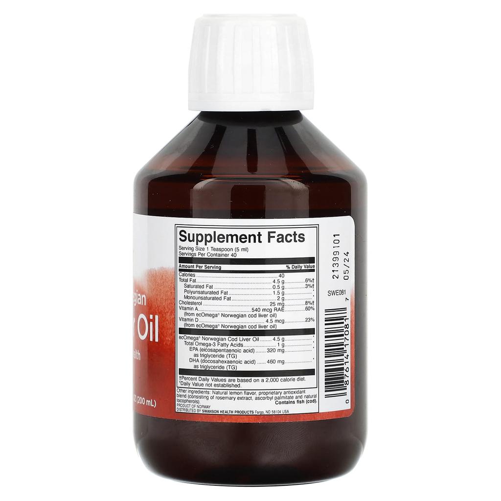 Swanson Pure Norwegian Liquid Cod Liver Oil, 6.7 Fl Oz (200 Ml)